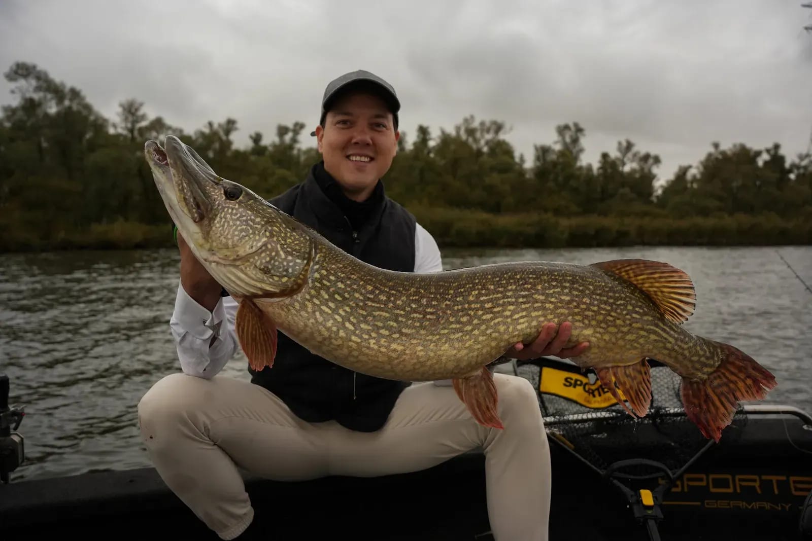 Dezelfde snoek van dichtbij, met de gele vlekken op de flank goed zichtbaar