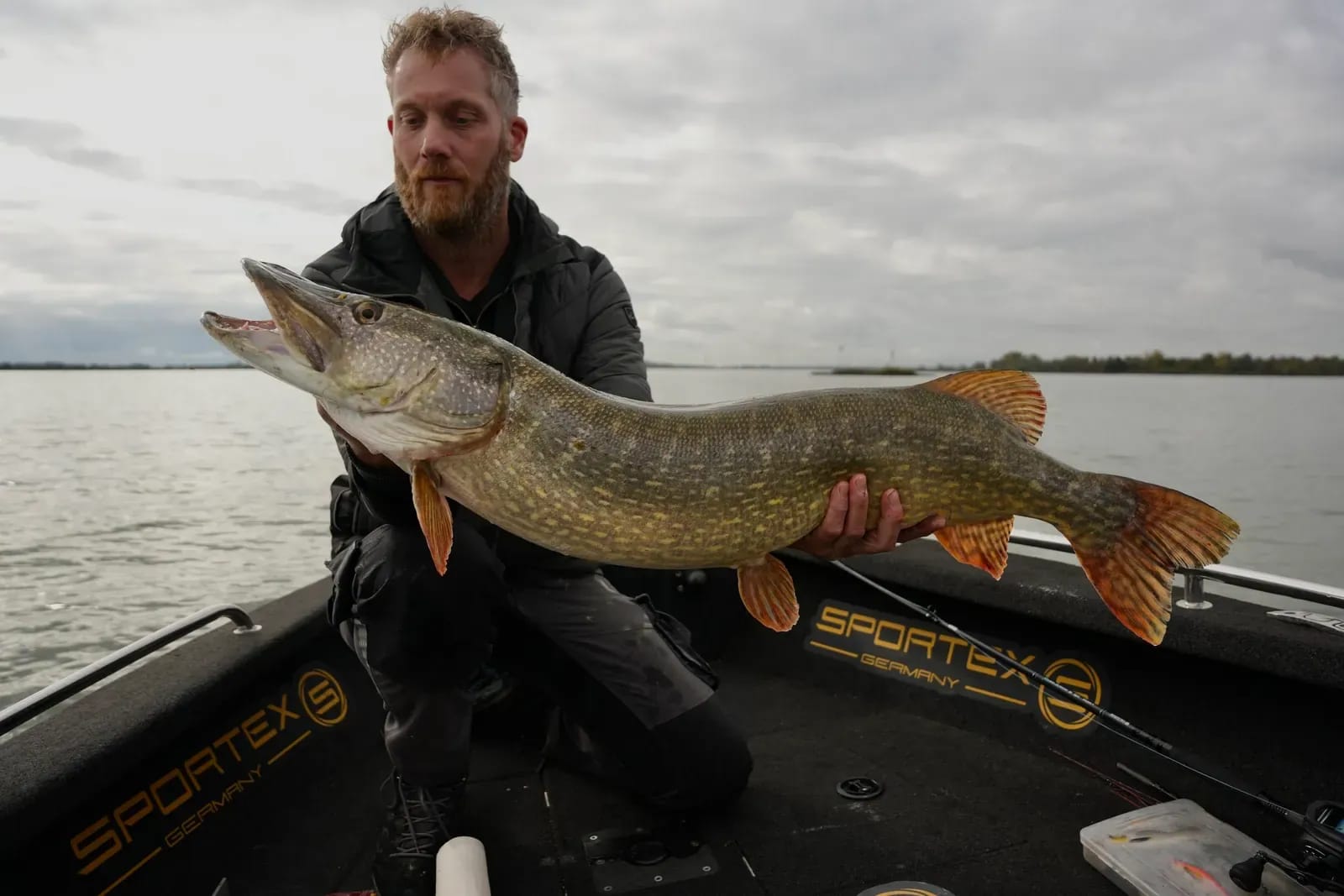Jasper kijkt naar de snoek in zijn handen, vlak voordat ze terug het water in gaat