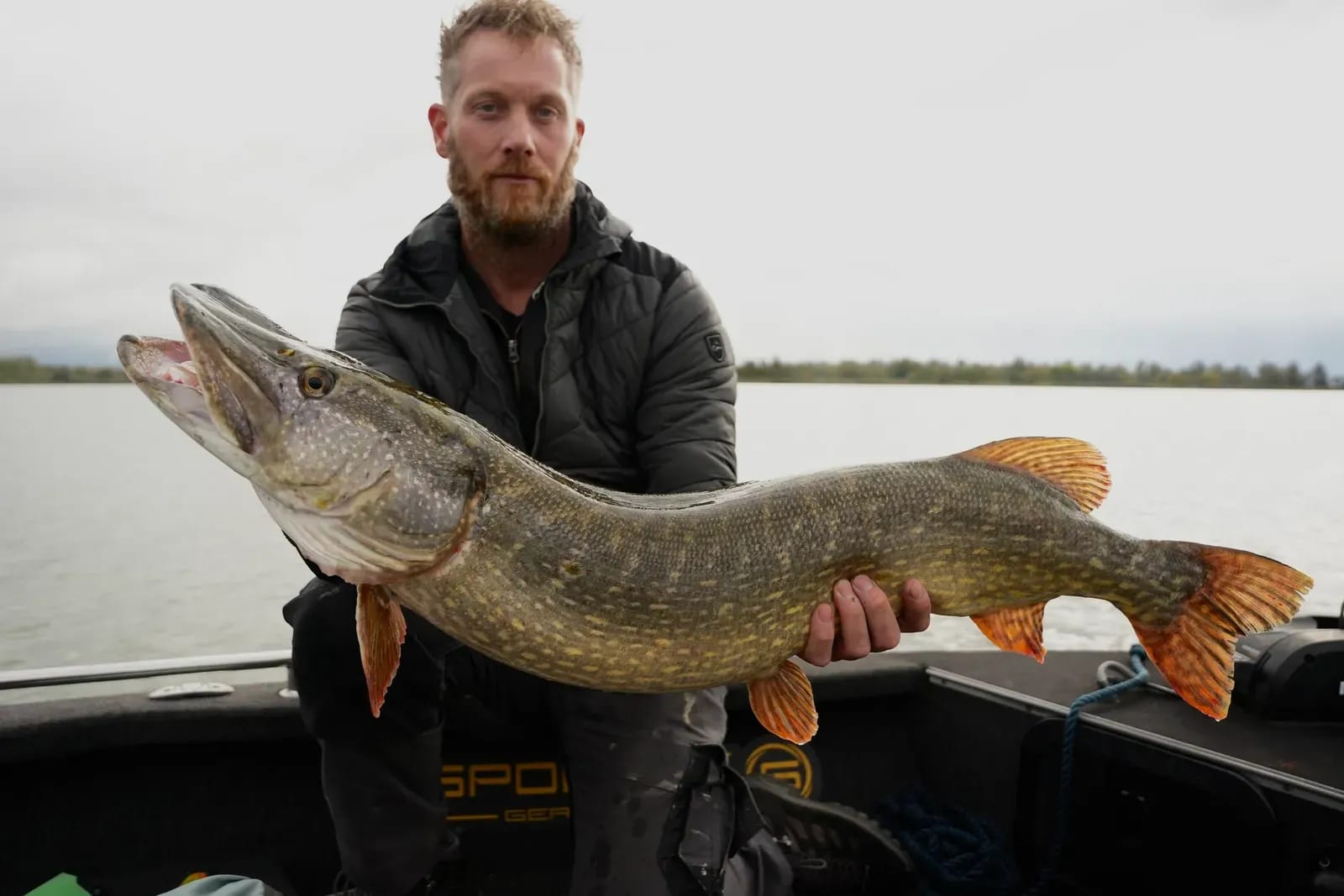 Jasper knielt in de boot met de snoek van 111 centimeter voor zich
